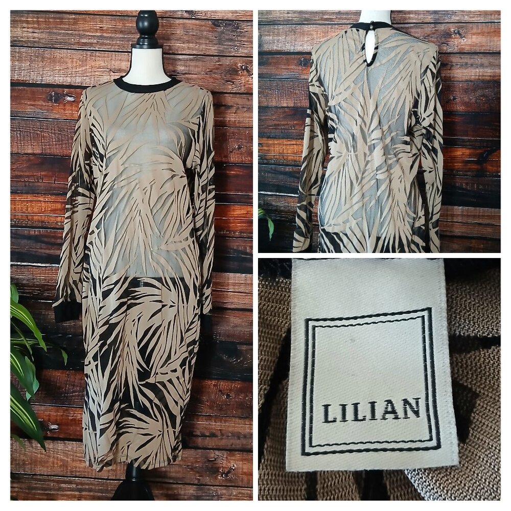 Lilian Vintage 80s Dress 3X Sheer Mesh Midi Black Gold Leaf